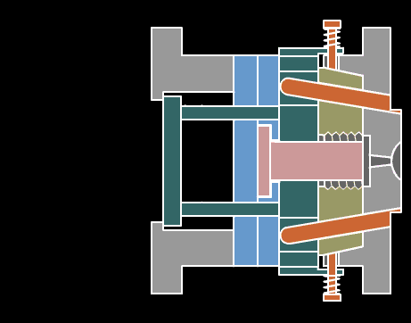 Injection Molding Process Diagram showing the steps of melting, injecting, clamping, cooling, and demolding thermoplastic material