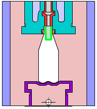 Blow molding process diagram showing a heated plastic preform expanded inside a mold using compressed air to form hollow products like bottles