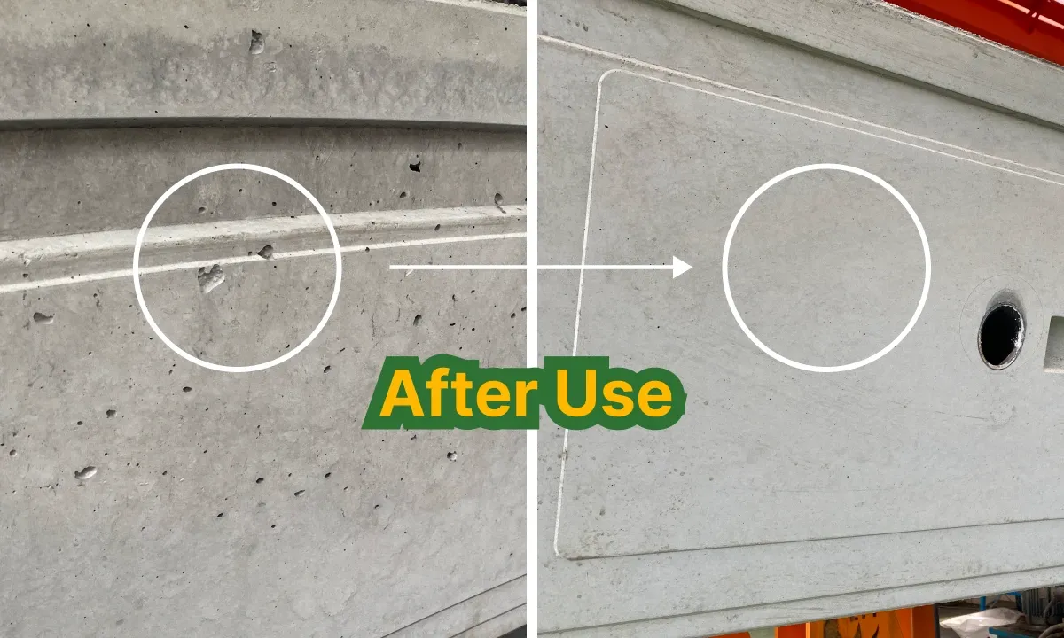 Before and after comparison of concrete surface using water-based concrete release agent, achieving fair-faced concrete finish