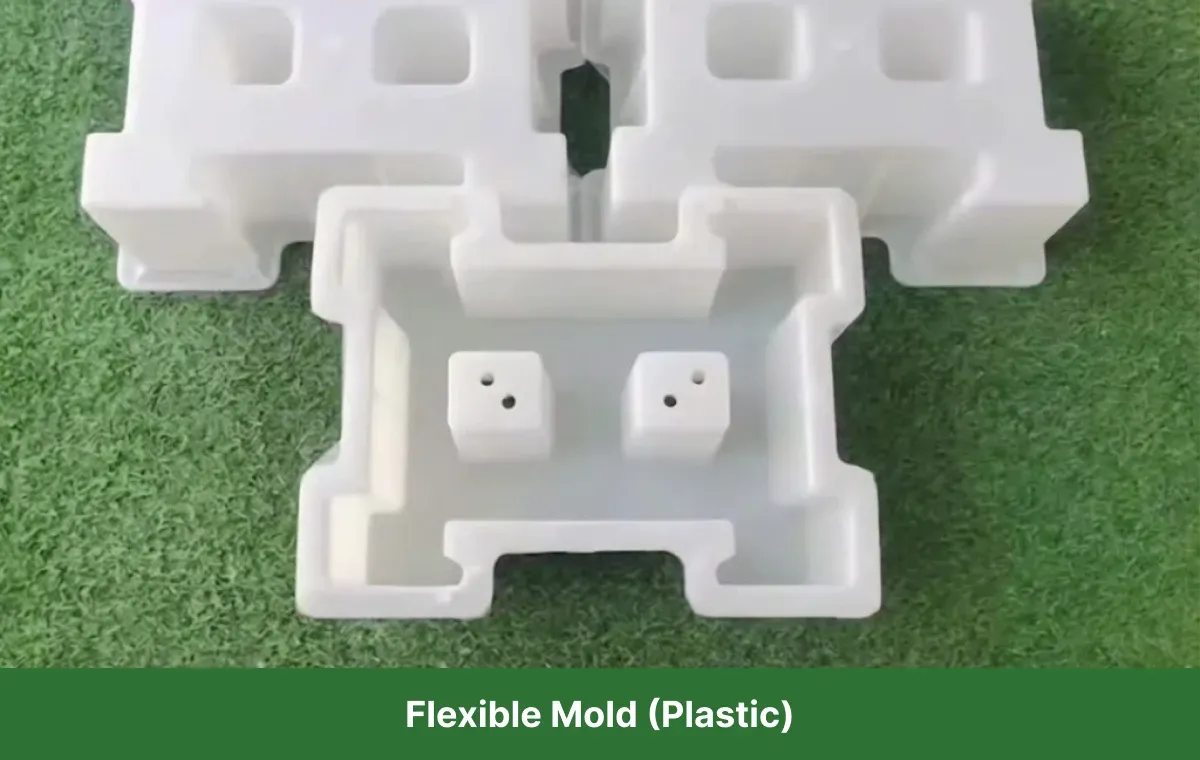 Flexible plastic mold used for complex-shaped concrete components, showing high adaptability to intricate details and curved surfaces.