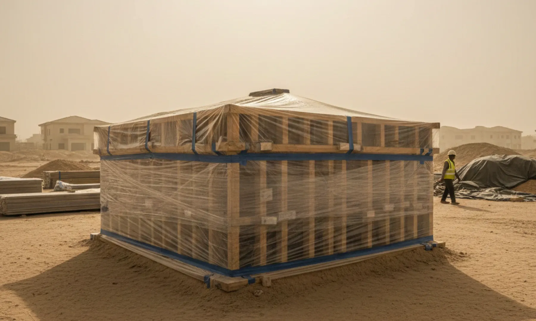 Plastic film covering formwork to prevent dust contamination in outdoor concrete construction