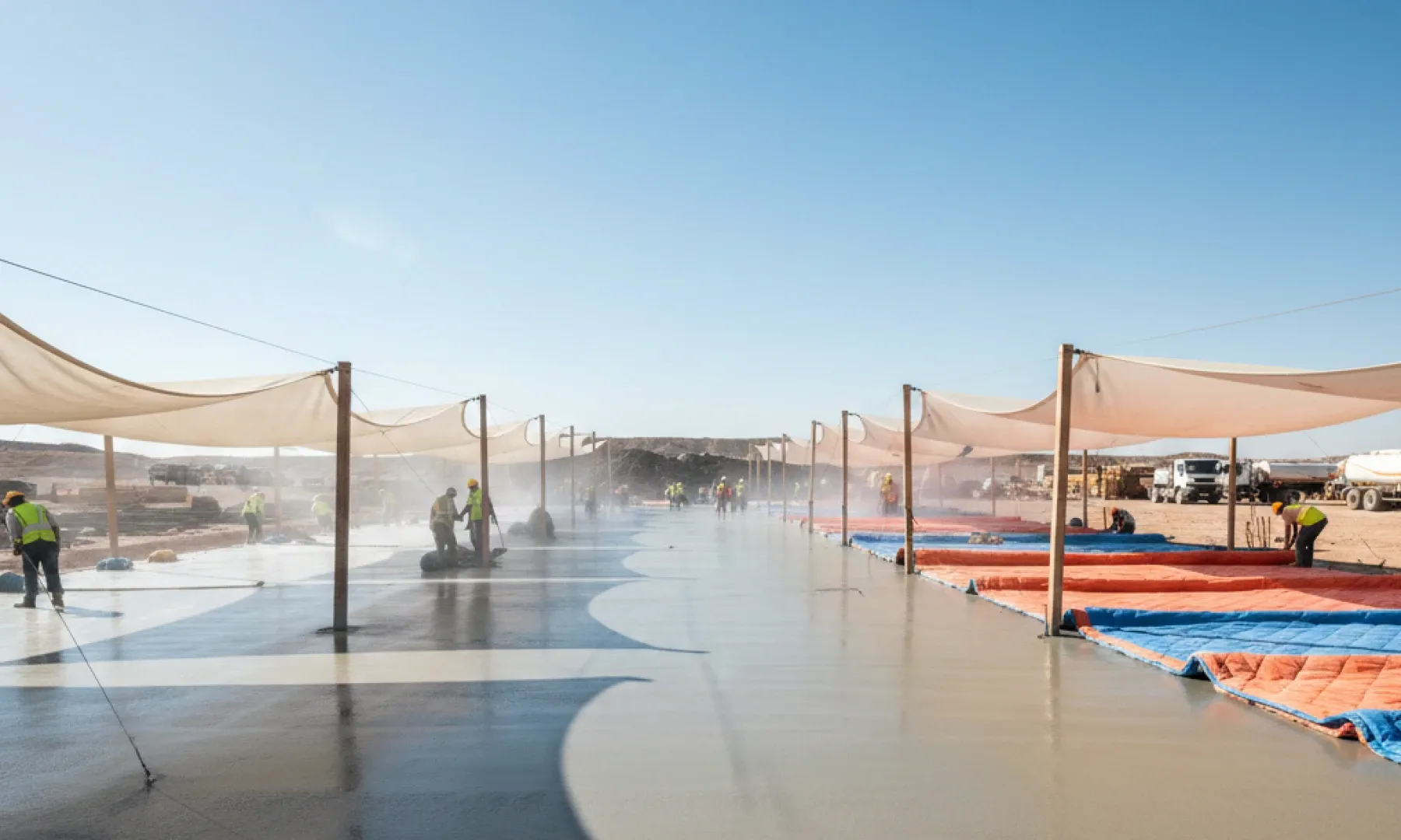 Concrete curing protection using shading or insulation to prevent moisture loss in high temperatures