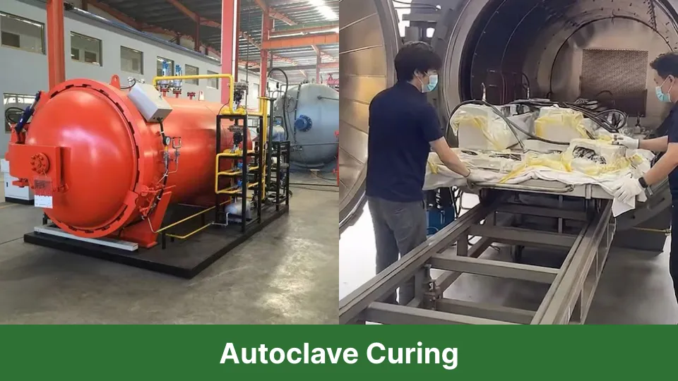 Carbon fiber autoclave curing process showing high-temperature and high-pressure molding