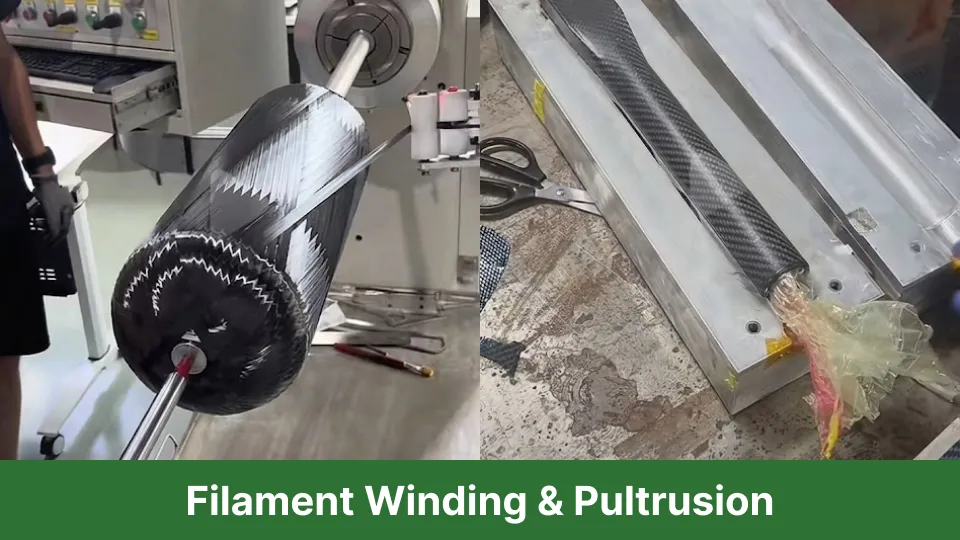 Carbon fiber filament winding and pultrusion process for continuous composite manufacturing
