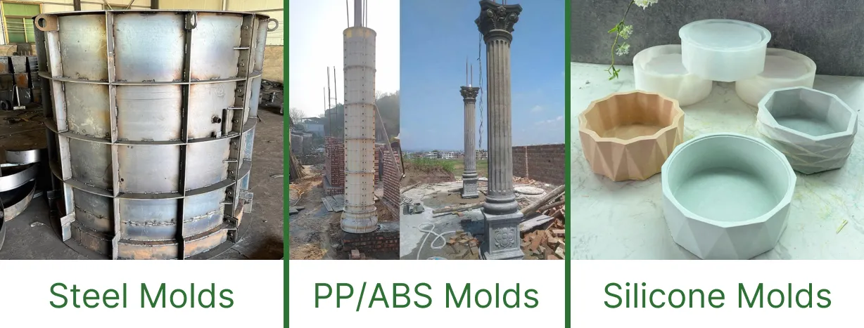 Image showing concrete molds made from steel, PP, ABS, and silicone materials.