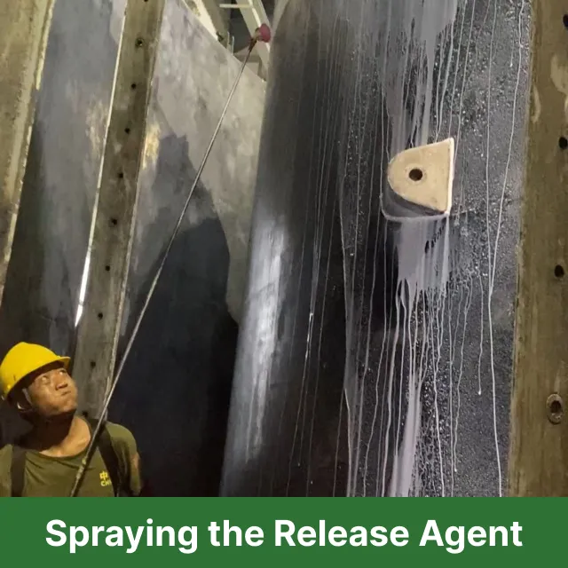 Image showing the application of water-based concrete release agent using spraying equipment.