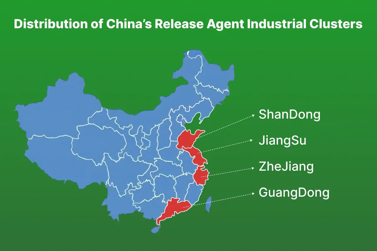 Map showing the distribution of release agent industrial clusters across China，Map highlighting key Chinese release agent manufacturing hubs: Dongguan (Guangdong), Jiangsu, Zhejiang, and Shandong provinces.